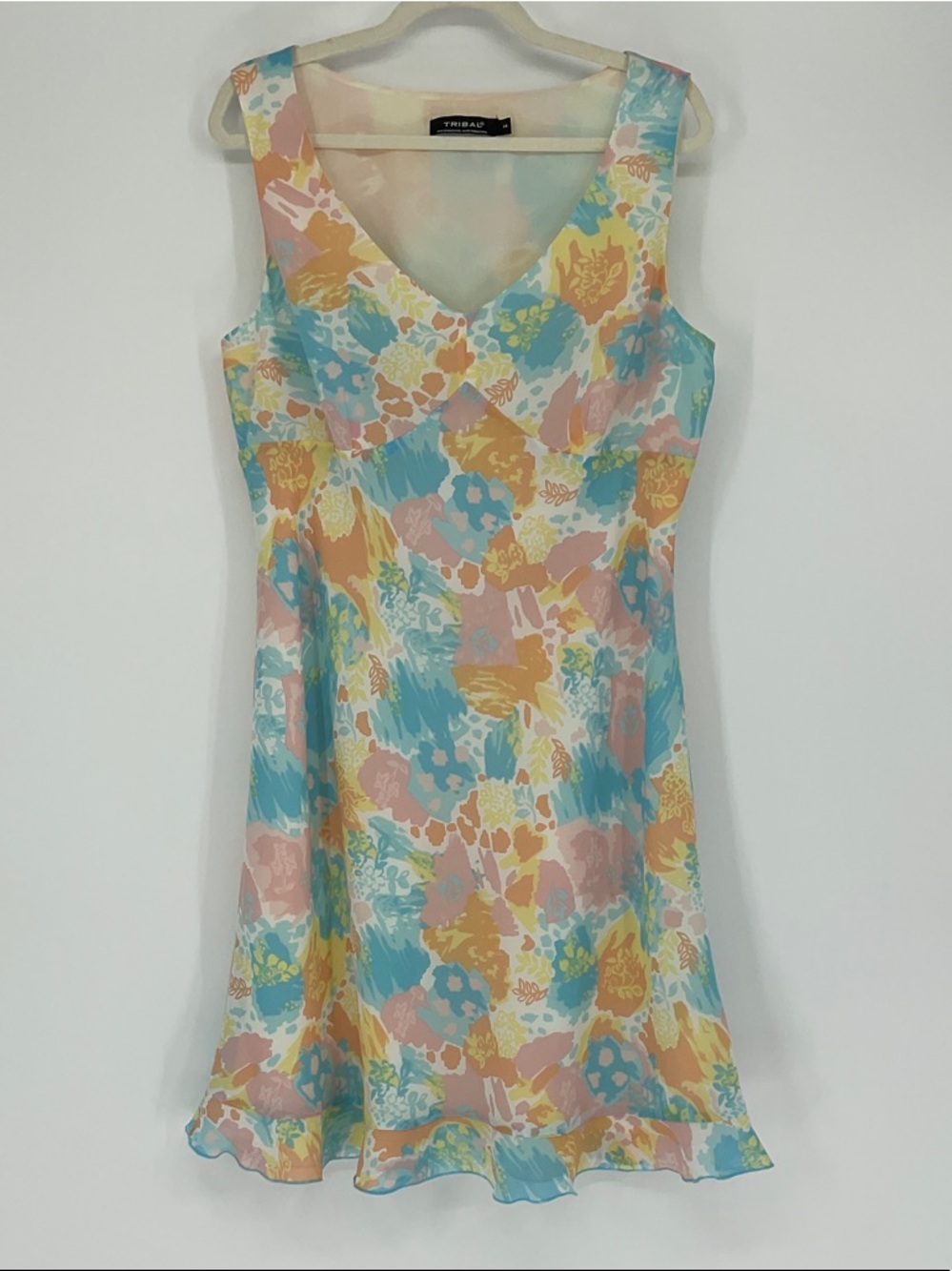 Tribal Vintage Womens 14 Pastel Abstract Floral Slip Dress V-Neck Lined Y2K